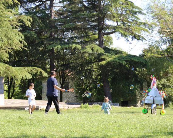 Joyful scene of children playing with bubbles in a sunny park surrounded by trees.